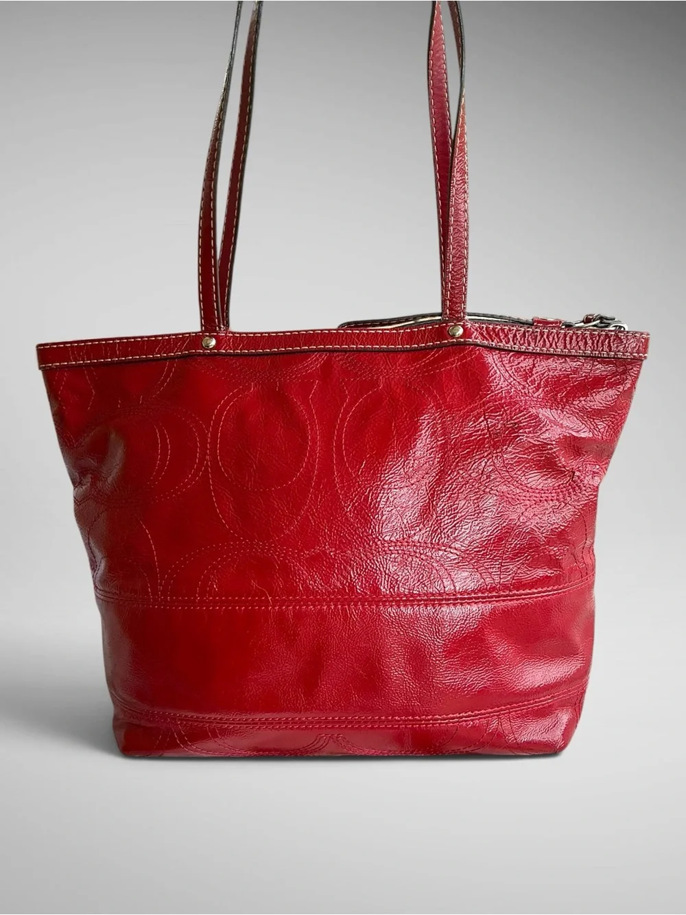 Coach Peyton Patent Leather F15142 Red Signature C Stitched Shoulder Tote Bag